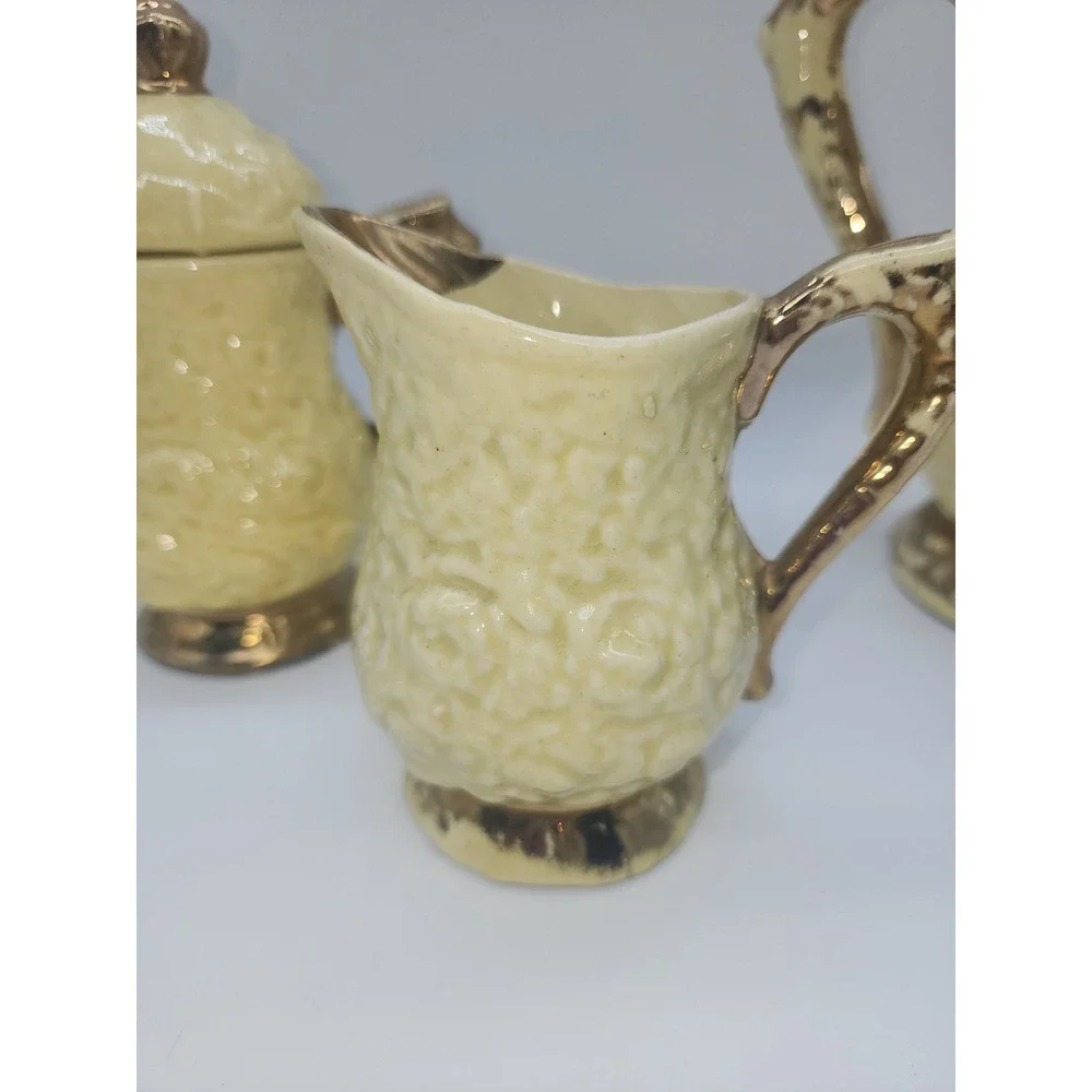 Vintage Yellow Ceramic Tea Set Embossed Floral Gold Trim Teapot Sugar Creamer